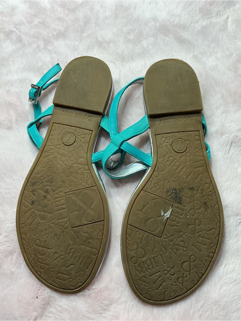 Sam & Libby Turquoise T-Strap Slingback Sandals with Metallic Accents b106 - Picture 2 of 3